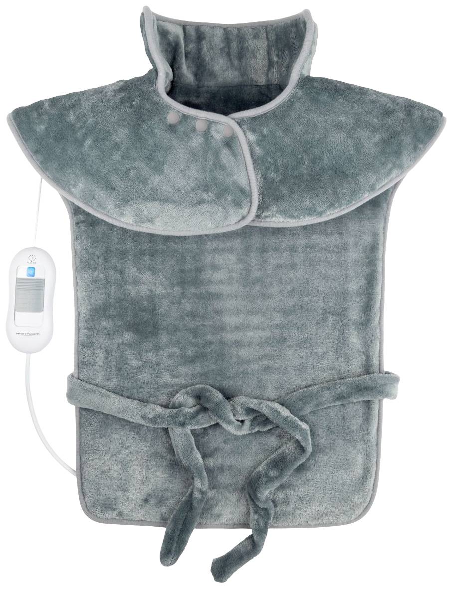 Coussin chauffant en tissu gris-bleu avec col et ceinture. Il dispose d'un élément de commande permettant de réguler la température.