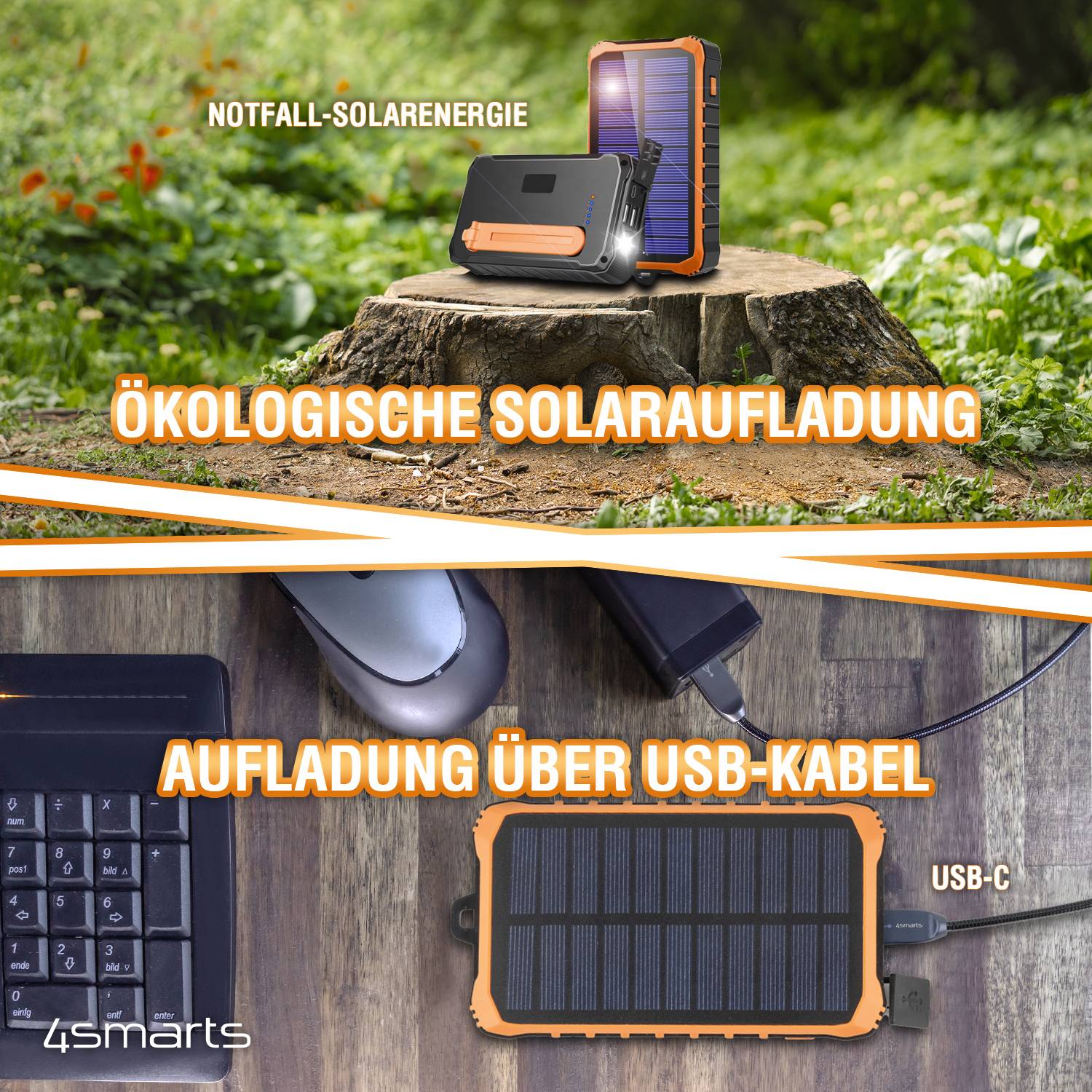 Chargeur solaire d'urgence en environnement naturel, offrant une charge solaire écologique et une connexion par câble USB-C pour une utilisation polyvalente.