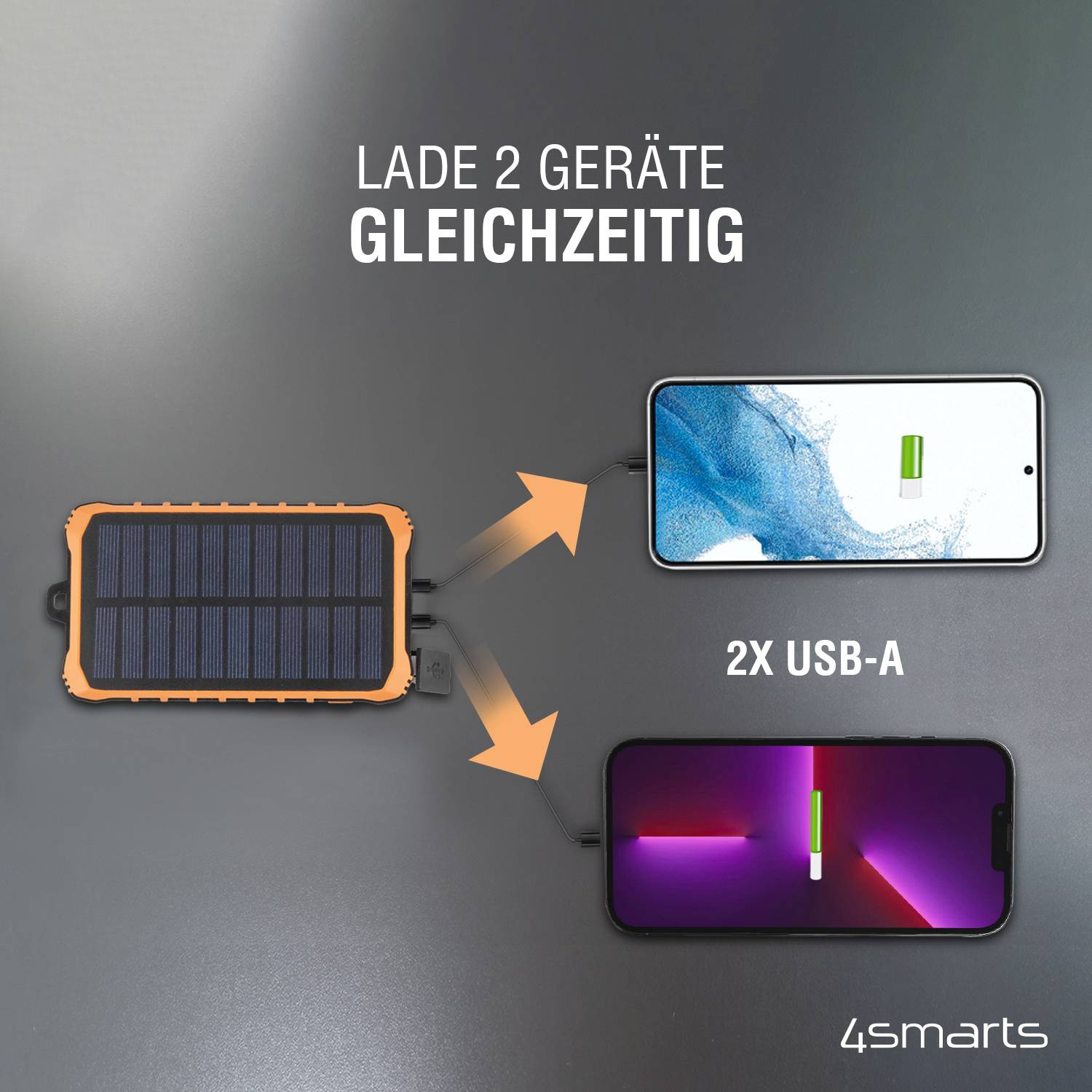 Batterie externe solaire charge deux appareils simultanément via USB-A. En haut : Smartphone avec écran bleu. En bas : Smartphone avec écran rouge.