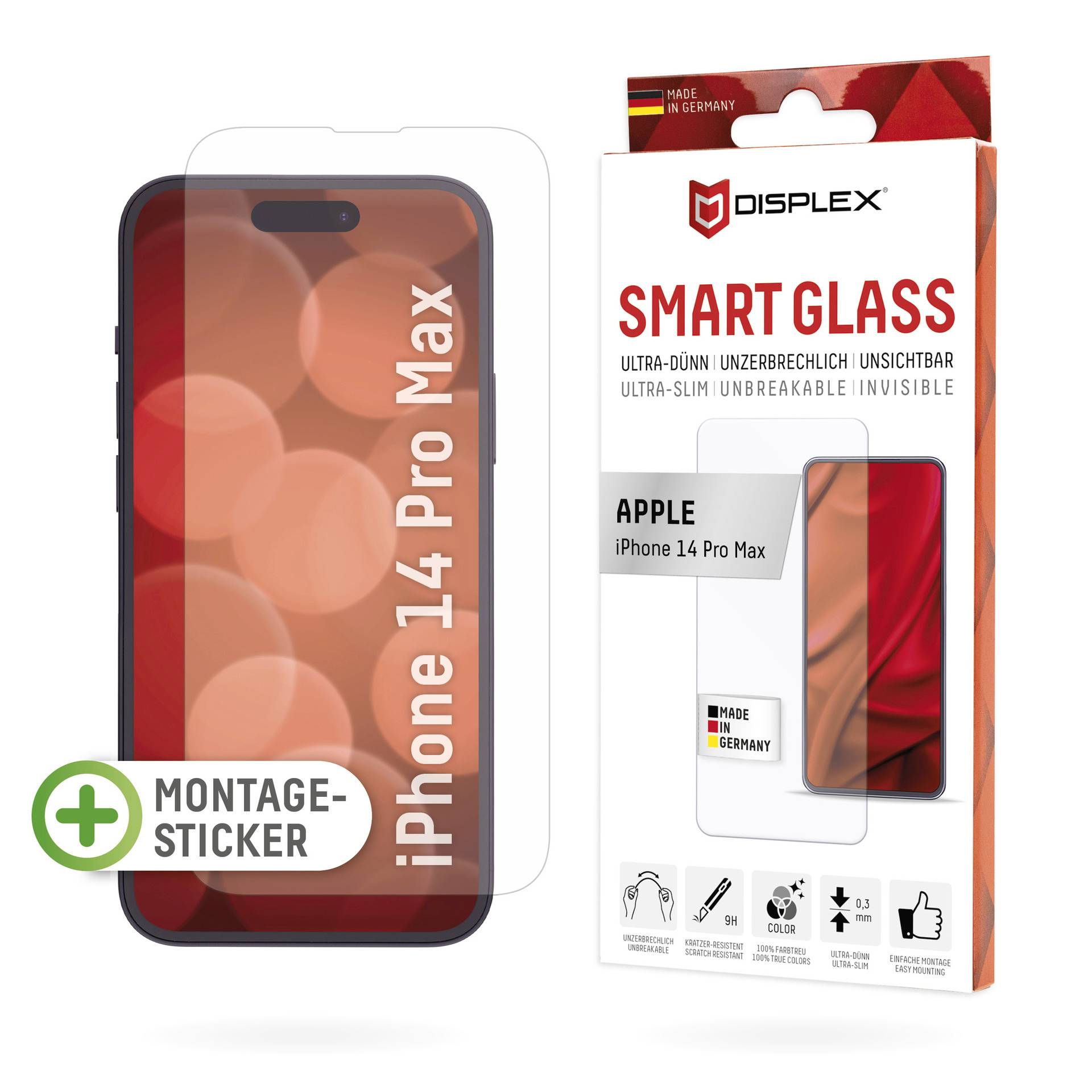 Protection d'écran en verre 'DISPLEX Smart Glass' pour iPhone 14 Pro Max. L'emballage présente un verre de protection avec la mention 'Ultra-fin' et 'Incassable'.