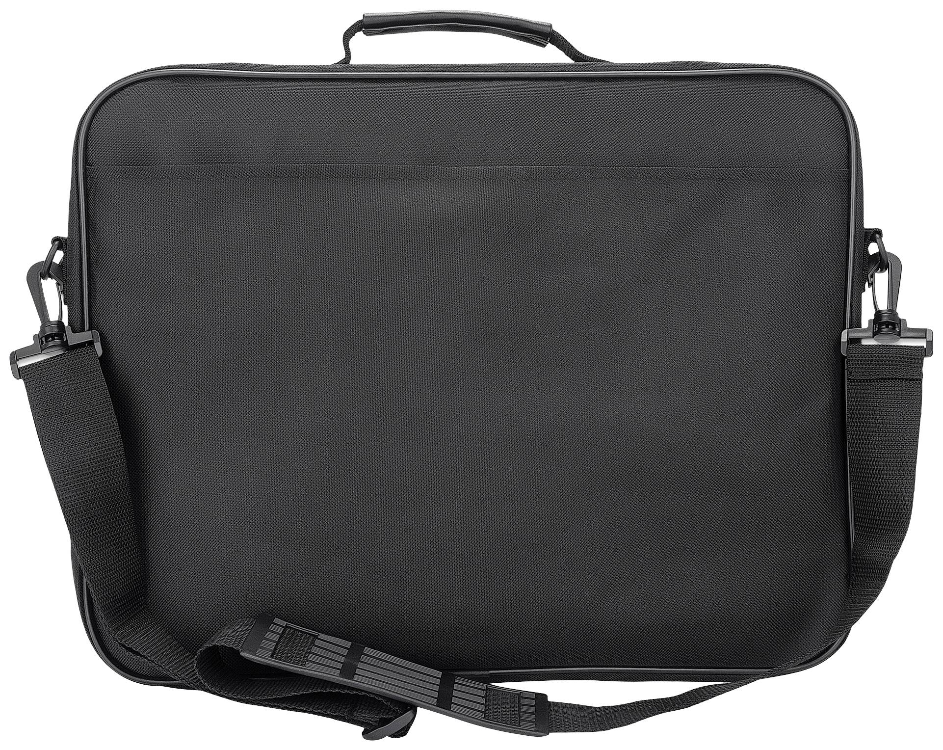 Sacoche noire pour ordinateur portable avec poignée de transport et bandoulière amovible, design simple et épuré.