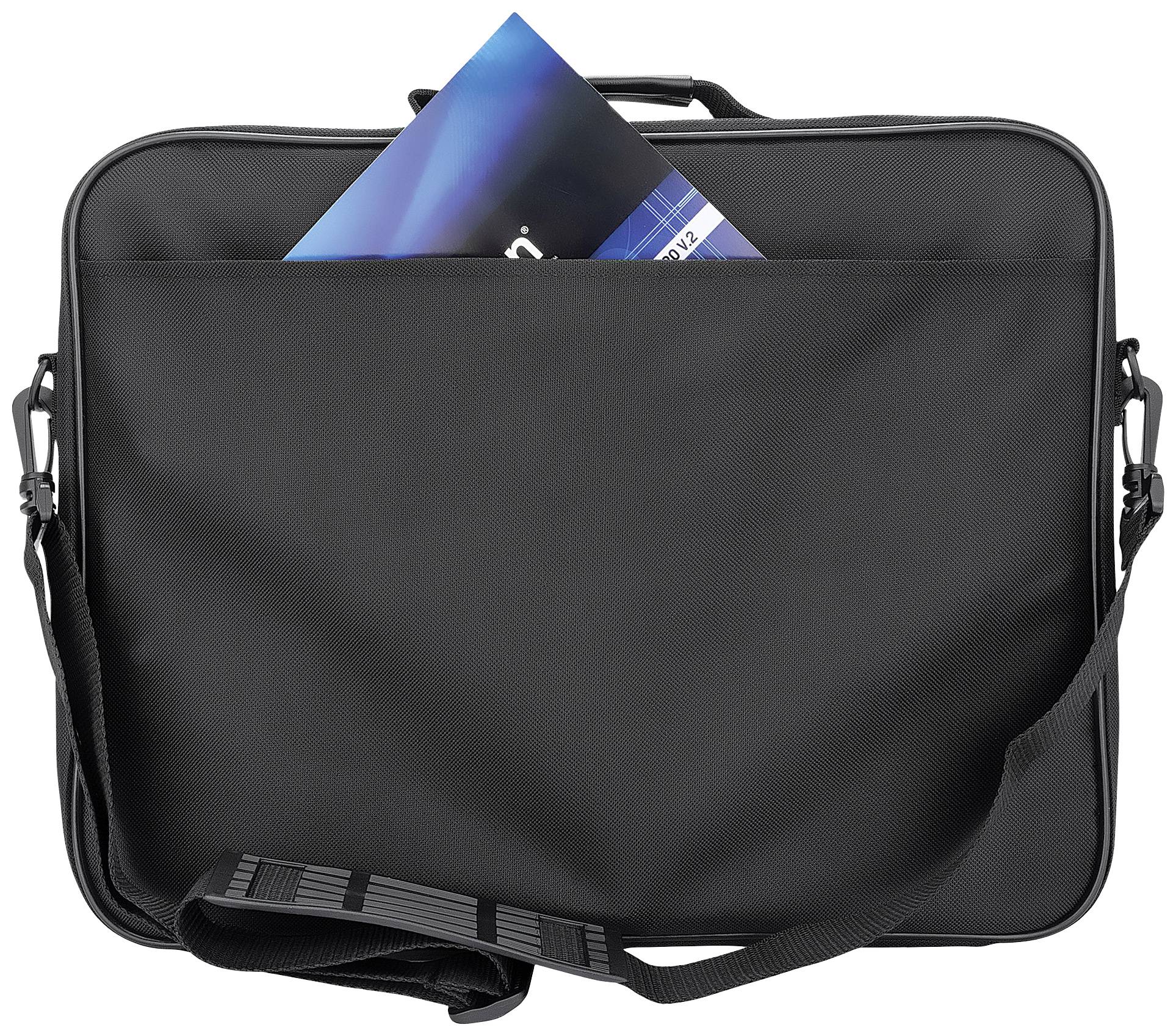 Un sac à bandoulière noir avec une poche avant porte une brochure.