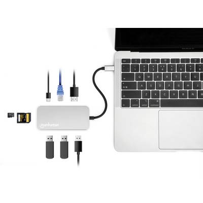 Hub USB-C connecté à un ordinateur portable, relié à des cartes SD, des clés USB et un câble Ethernet. Permet plusieurs options de connexion.