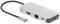 Un hub USB-C argenté de Manhattan avec des ports HDMI, Ethernet, USB et lecteur de cartes, connecté à un câble noir.