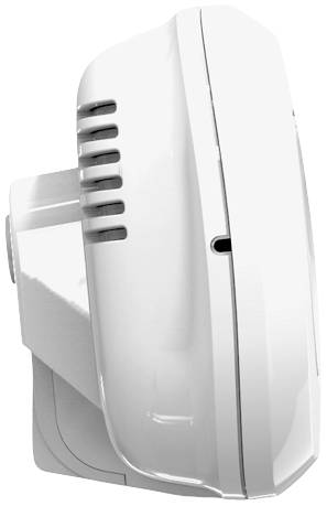 Un appareil électronique blanc avec des entrées d'air sur les côtés, monté sur un support, probablement un purificateur d'air ou un ventilateur.