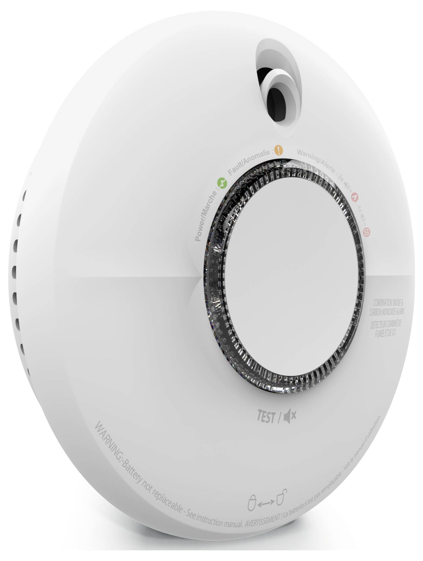 Un détecteur de fumée en gros plan avec un bouton de test et des indicateurs de statut colorés : vert pour opérationnel, jaune pour maintenance requise, rouge pour alarme.