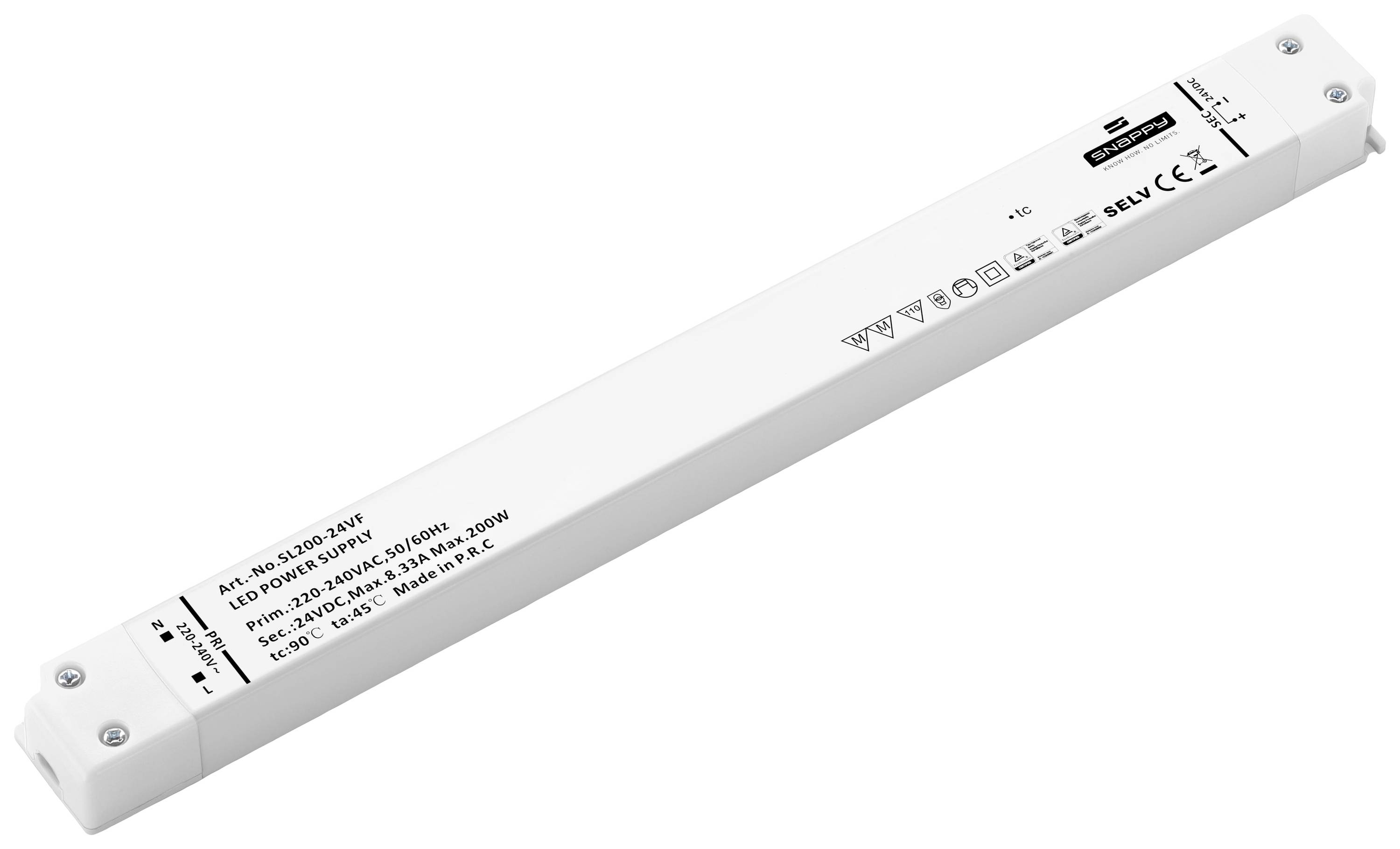 Un appareil électronique blanc, allongé, portant diverses spécifications techniques et des certificats de sécurité imprimés.