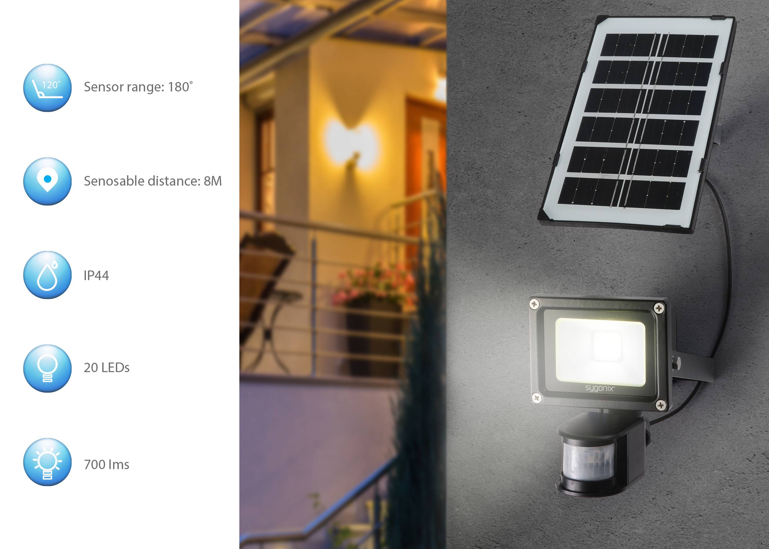 Détecteur de mouvement avec panneau solaire et 20 LED éclairant l'entrée d'une maison la nuit. Portée : 180 degrés, distance : 8 m, luminosité : 700 lumens.