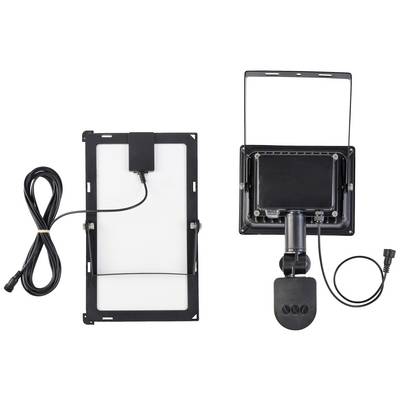 Projecteur LED avec boîtier noir, support amovible et câble de connexion. Vue de face et de dos visibles.