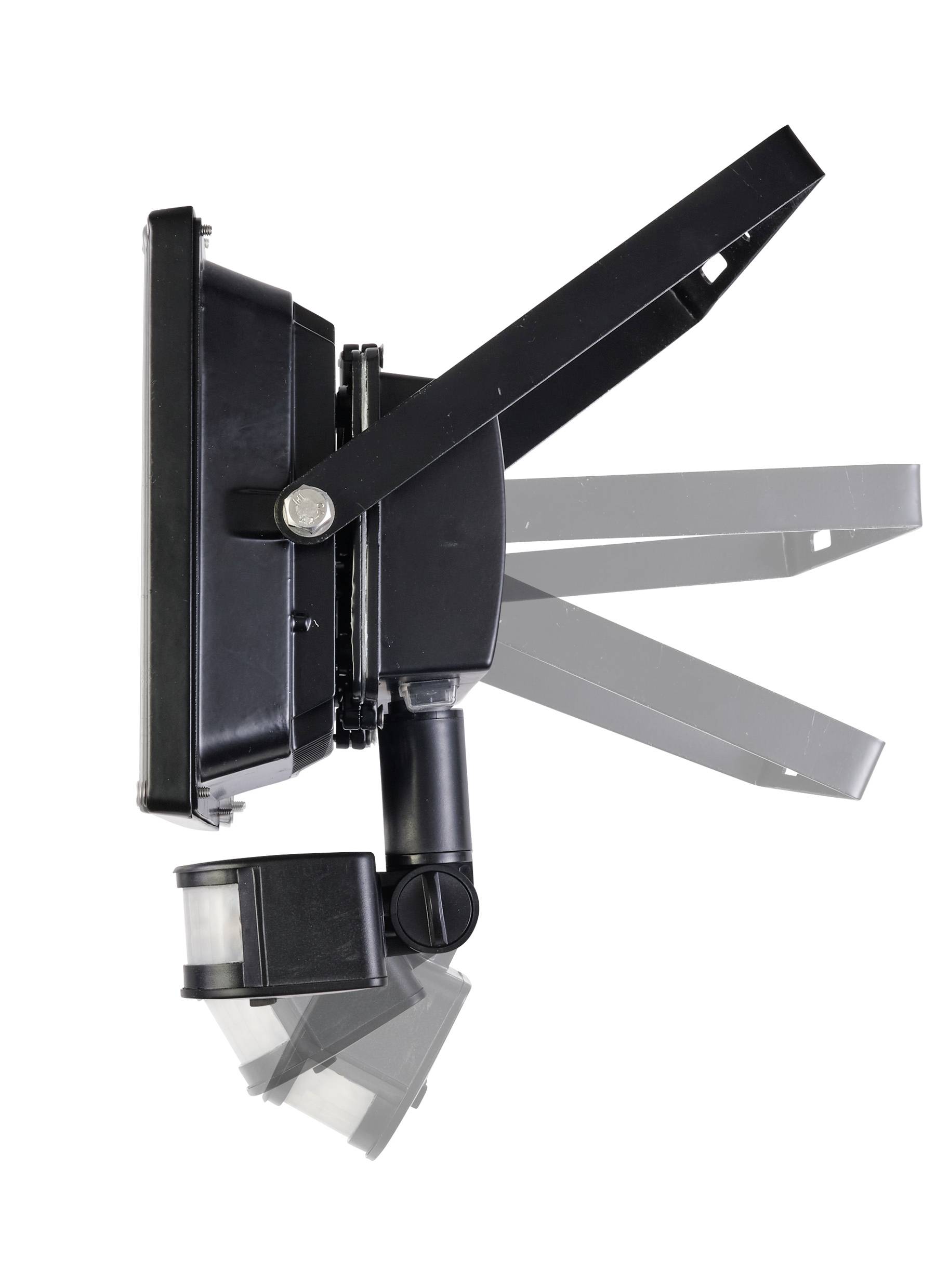 Un projecteur LED noir à faisceau large avec supports ajustables et détecteur de mouvement intégré, vue latérale.