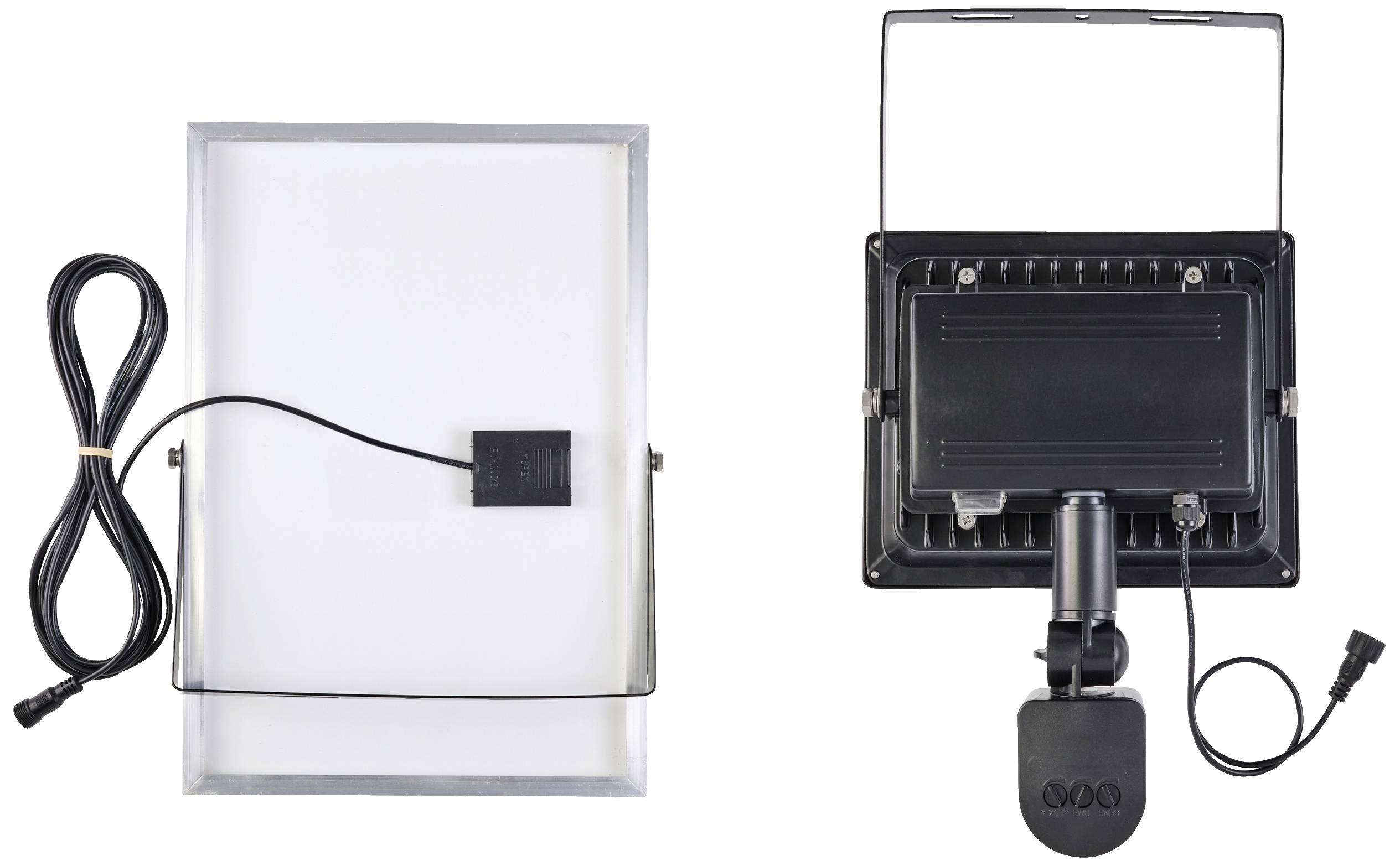 Vue avant et arrière d'un projecteur LED avec connexion secteur et support réglable.