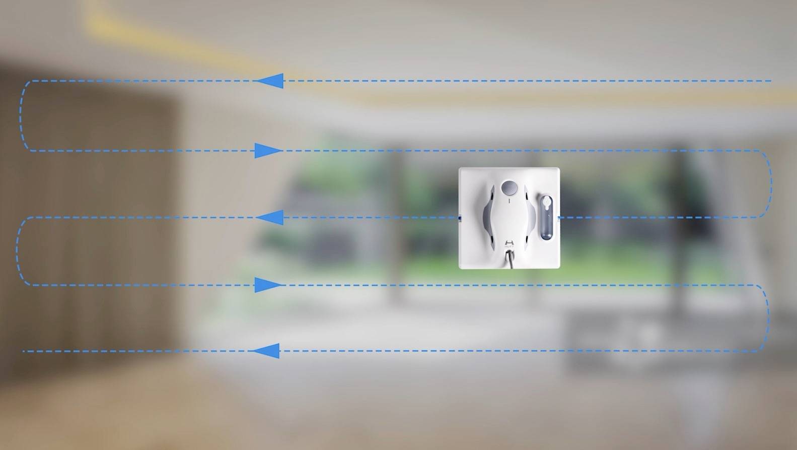Un dispositif carré sur un mur lisse avec des flèches bleues indiquant ses possibles directions de mouvement dans cinq sens différents.