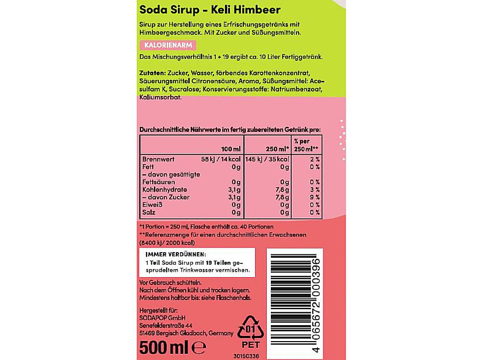 Étiquette Sirop 'Keli Framboise'. Ingrédients : Sucre, eau, acidifiant, conservateurs. Valeurs nutritionnelles pour 100 ml : 252 kJ (59 kcal), 14,5 g de sucre. Bouteille de 500 ml, PET recyclable.