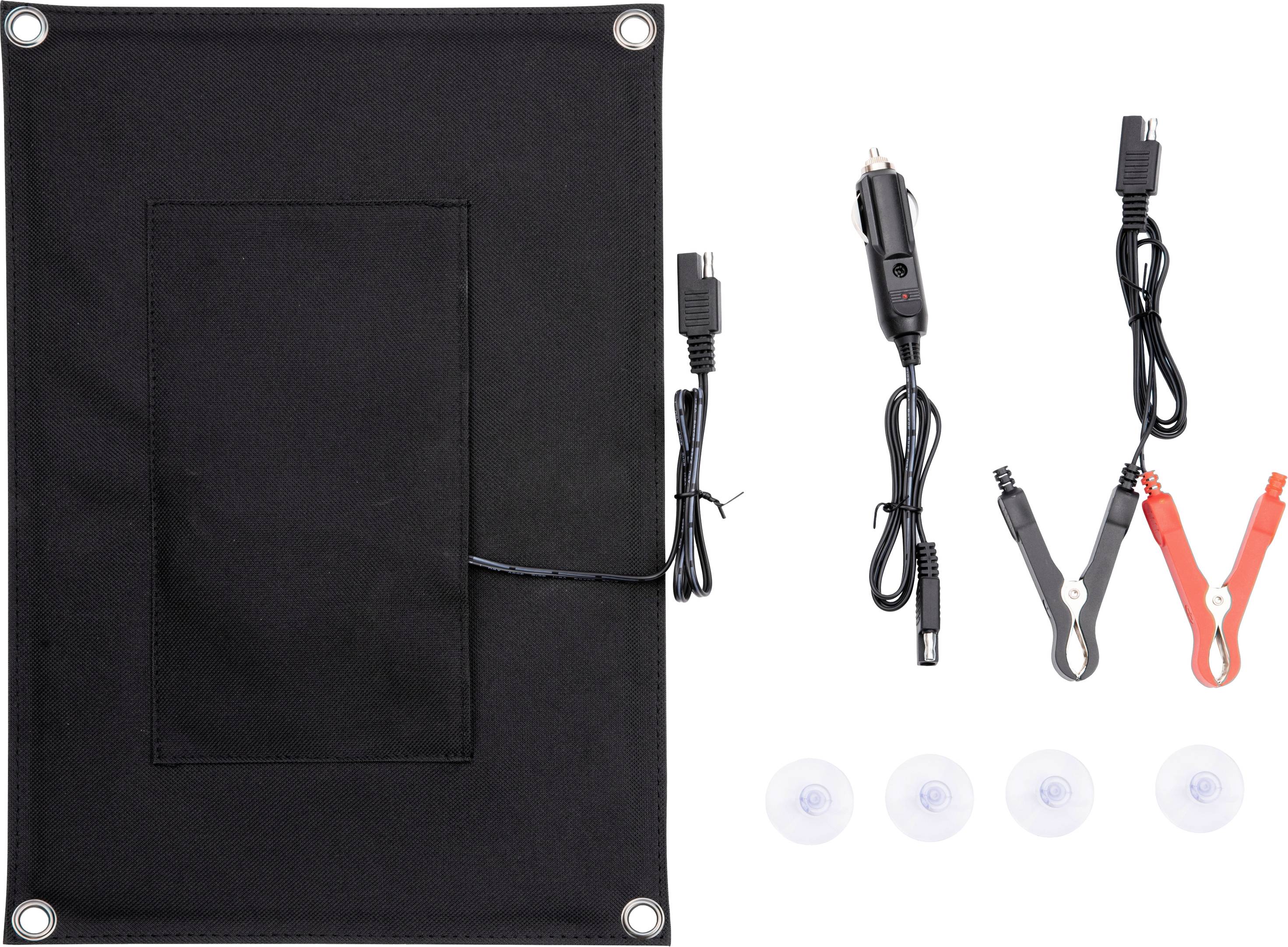 Panneau solaire noir avec accessoires : chargeur de voiture, pinces, câbles et quatre ventouses. Idéal pour charger les batteries de véhicules.