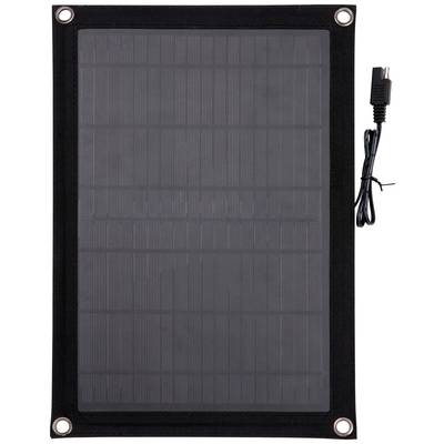Un panneau solaire rectangulaire avec un câble connecté. Le panneau a une surface noire et est plat.