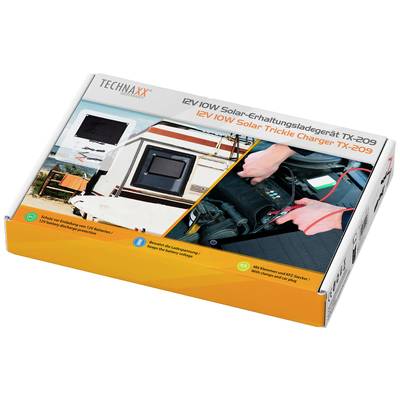 Emballage d'un chargeur solaire de maintien 12V, modèle TX-209, avec des images d'un camping-car et d'une batterie. Adapté pour la charge solaire.