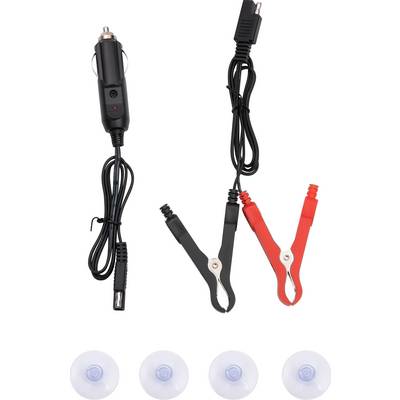 'Câble de connexion électrique avec bornes rouge (positif) et noir (négatif), fiche allume-cigare et quatre ventouses.'