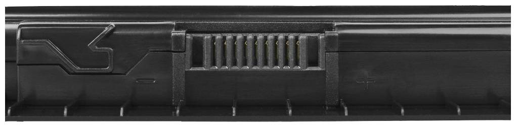 Un gros plan d'une batterie d'ordinateur noir avec des bornes de connexion bien visibles au centre.