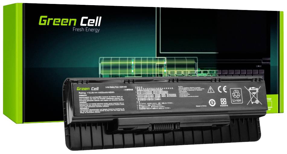Batterie pour ordinateur portable 'Green Cell' sur un carton vert et noir. Texte : 'Lithium-ion, 5200mAh, 11,1V.' L'emballage présente un design d'ordinateur portable stylisé.
