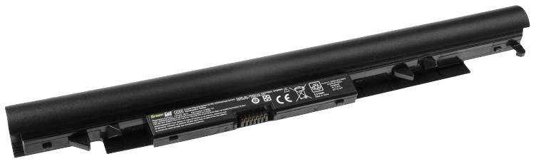 Un bloc-batterie noir pour ordinateur portable, accompagné de spécifications techniques et de symboles tels que le logo de recyclage, le marquage CE et un avertissement relatif aux batteries.