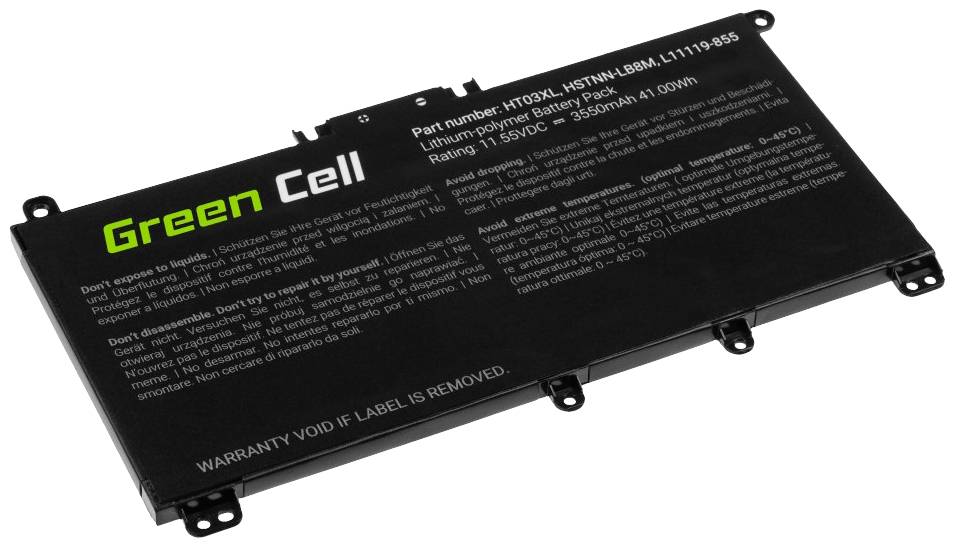 Batterie noire pour ordinateur portable de Green Cell, modèle 'HT03XL'. Les instructions d'utilisation et les conditions de garantie sont imprimées sur le produit.