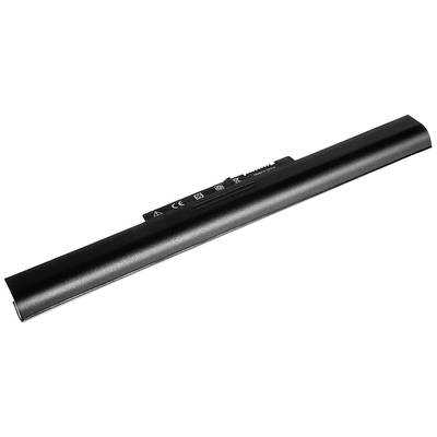Un bloc-batterie noir et allongé pour ordinateur portable, portant des symboles de sécurité et de recyclage sur sa surface.