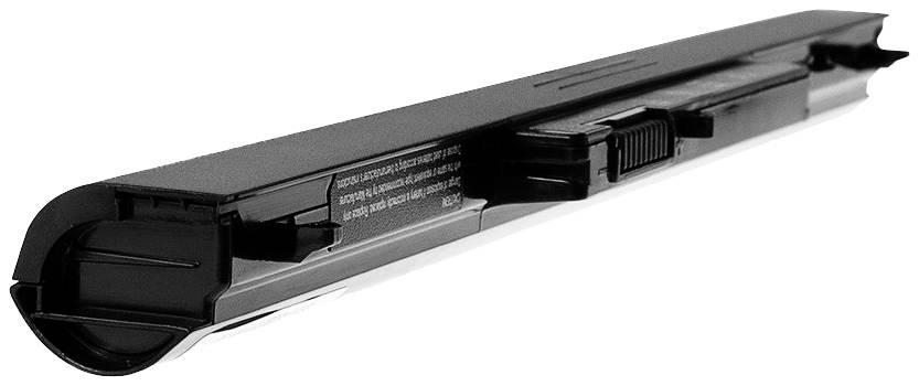 Batterie d'ordinateur portable noire avec bornes de connexion visibles et texte d'informations de sécurité sur le côté.