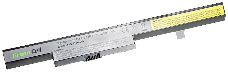 Batterie d'ordinateur portable de Green Cell, modèle avec une capacité de 4400mAh, boîtier noir, autocollant d'avertissement jaune sur le dessus.