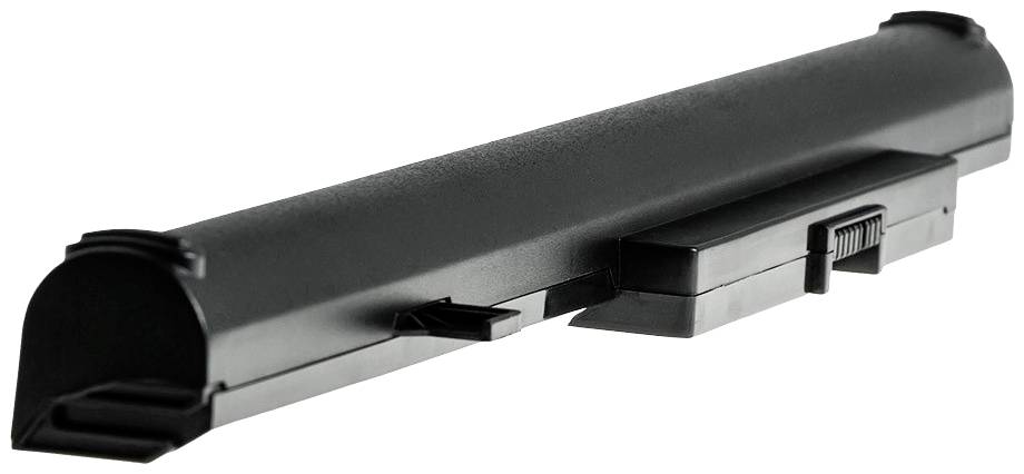Un accumulateur noir pour ordinateur portable, de forme cylindrique allongée, présentant des connexions et un mécanisme de verrouillage sur un côté.