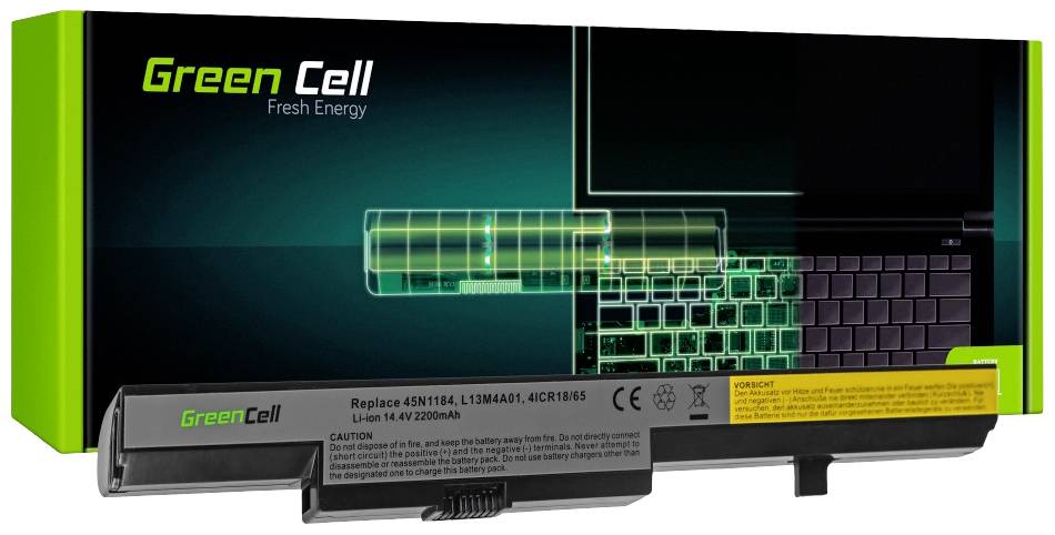 Batterie d'ordinateur portable 'Green Cell' devant un emballage avec une illustration d'ordinateur portable. Inscription : 'Replace 45N1164, L13M4A61, 4ICR18/65'.