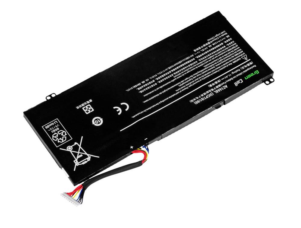 Batterie noire au lithium-ion avec des symboles de sécurité blancs et un câble de connexion multicolore, généralement rectangulaire, sur fond blanc.