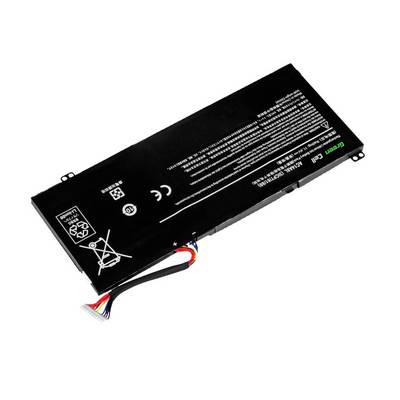 Batterie noire au lithium-ion avec des symboles de sécurité blancs et un câble de connexion multicolore, généralement rectangulaire, sur fond blanc.