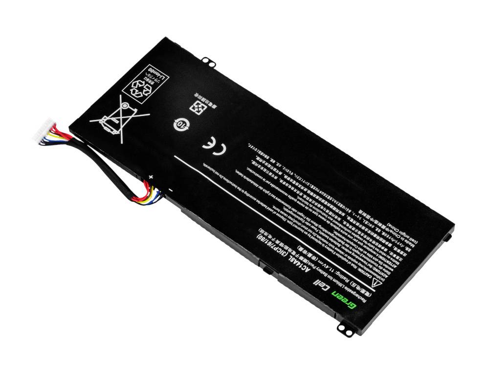Batterie d'ordinateur portable noir avec des symboles d'avertissement et des marquages de sécurité. Faisceau de câbles multicolores connecté.