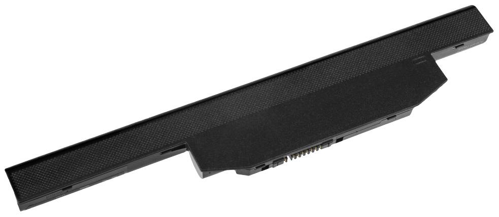 Batterie d'ordinateur portable de forme rectangulaire, de couleur noire, montrant les connexions sur sa face inférieure.
