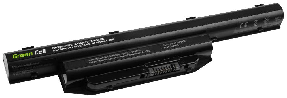 Un bloc-batterie noir pour ordinateur portable portant le marquage du fabricant 'Green Cell' et des spécifications techniques en écriture blanche.