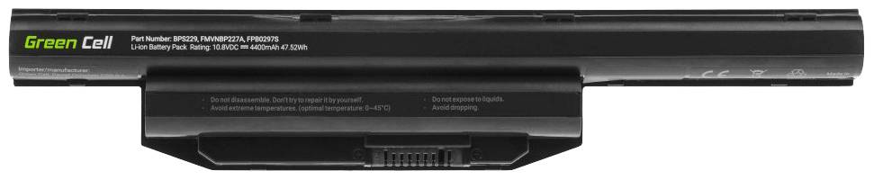 Batterie d'ordinateur portable noire de Green Cell avec numéro de produit et spécifications techniques.
