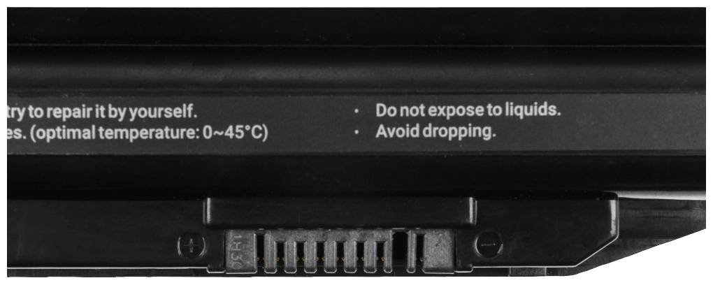 Batterie d'ordinateur portable avec avertissements : « Ne pas exposer aux liquides » et « Éviter de faire tomber ».