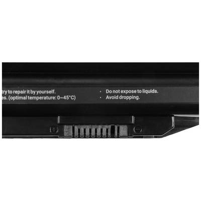 Batterie d'ordinateur portable avec avertissements : « Ne pas exposer aux liquides » et « Éviter de faire tomber ».
