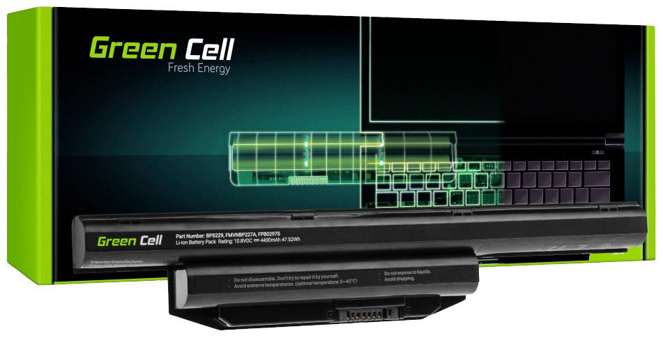 Batterie d'ordinateur portable de Green Cell avec son emballage. Un aperçu légèrement transparent d'un ordinateur portable est visible sur l'emballage.
