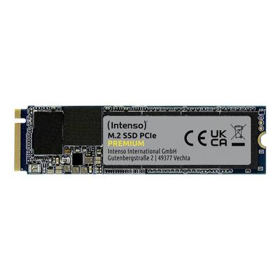 SSD M.2 d'Intenso avec interface PCIe ; modèle « Premium ». Capacité et vitesse de lecture non visibles sur le boîtier.