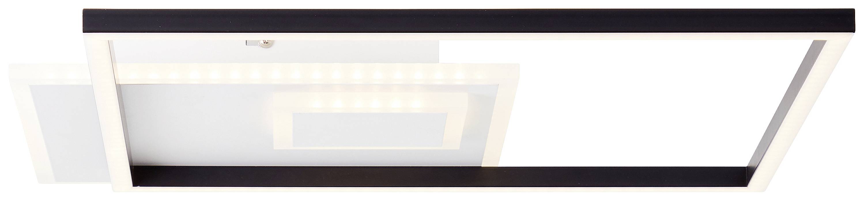 Un plafonnier rectangulaire moderne avec bordure noire et bandes LED. Design stylisé, géométrique en blanc et noir.