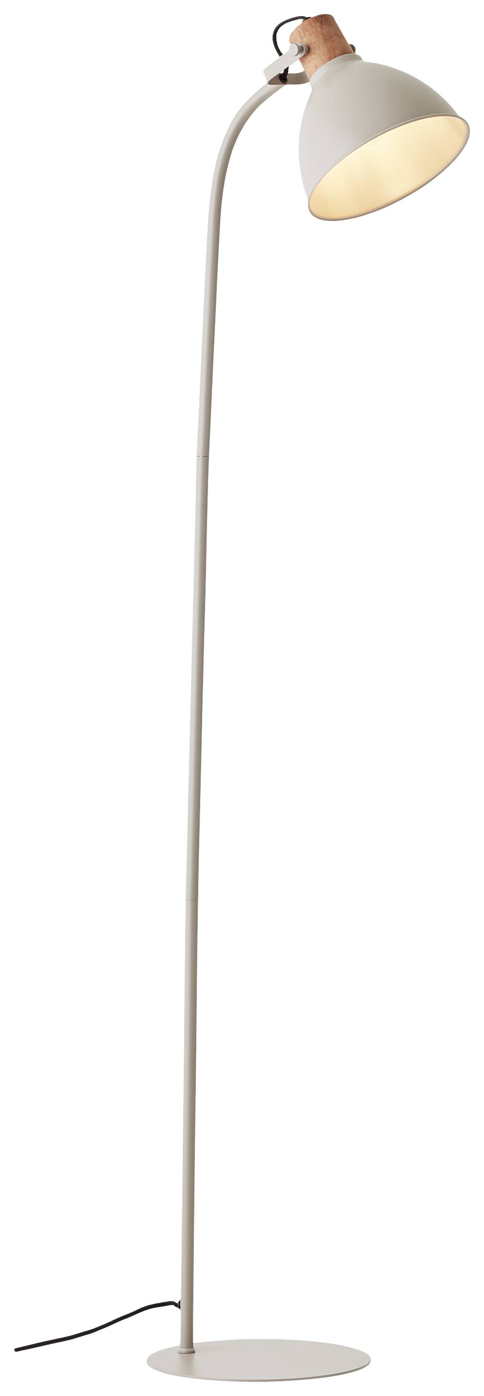 Lampadaire à tige fine et incurvée, avec un abat-jour lumineux, reposant sur un socle rond.