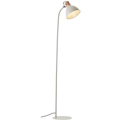 Lampadaire à tige fine et incurvée, avec un abat-jour lumineux, reposant sur un socle rond.