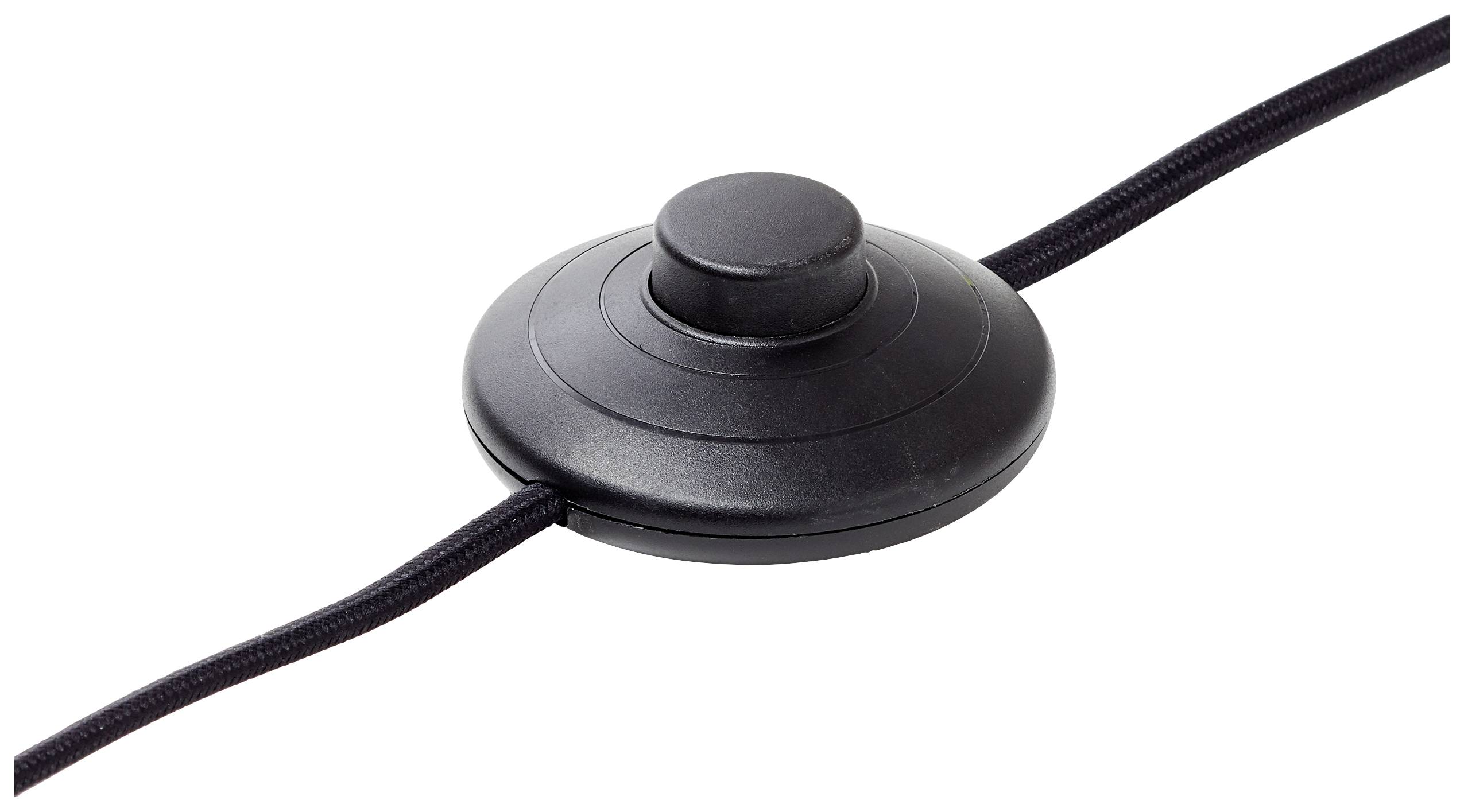 Un interrupteur au pied noir et rond, avec un bouton en son centre, auquel deux câbles sont connectés.