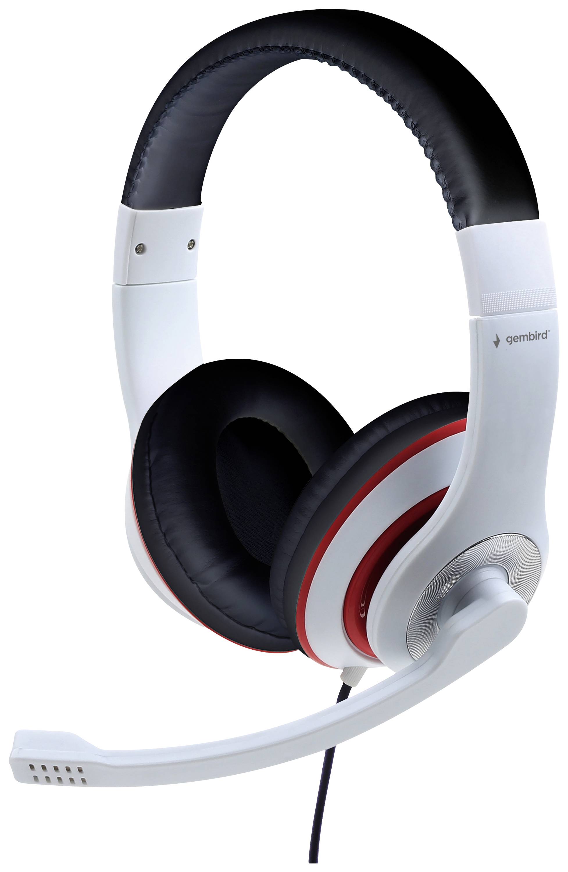 Un casque blanc avec microphone et coussinets d'oreilles noirs, adapté aux appels audio ou aux jeux.