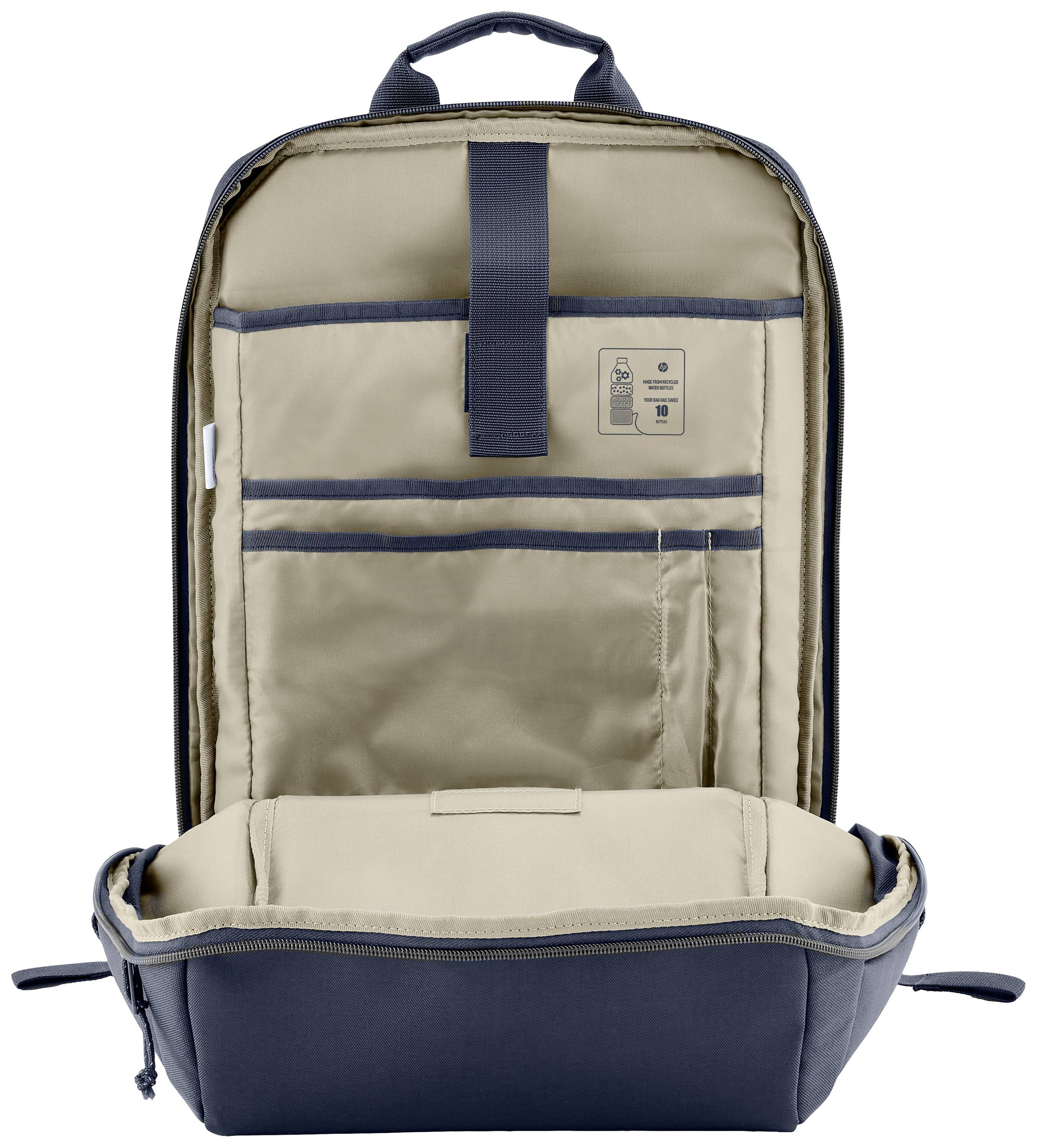Sac à dos bleu ouvert avec doublure intérieure beige, présentant plusieurs compartiments pour un rangement organisé. Idéal pour ordinateur portable et accessoires.