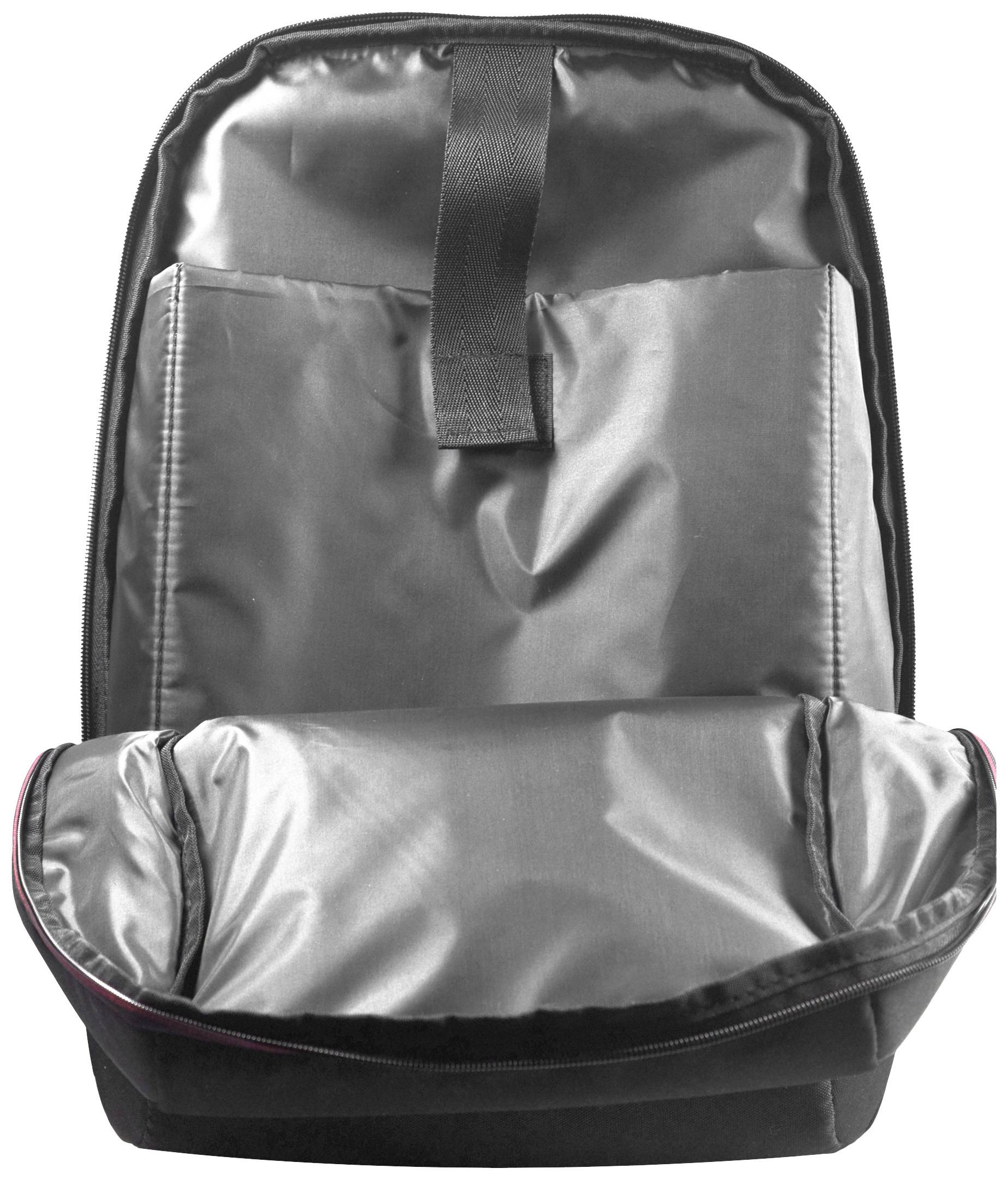 Un sac à dos ouvert avec une doublure intérieure brillante grise et une sangle verticale noire au centre.