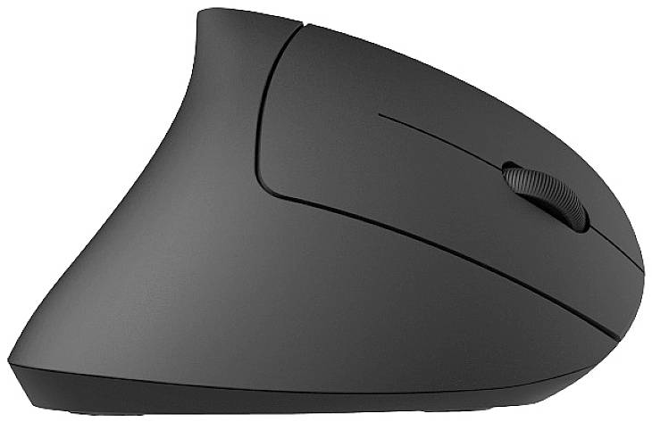 Souris d'ordinateur noire, ergonomique et verticale, avec une forme incurvée pour une position naturelle de la main et une molette de défilement.