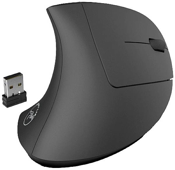 Souris d'ordinateur ergonomique sans fil en noir, avec une prise verticale latérale et un récepteur USB, idéale pour soulager les tensions au niveau des poignets.