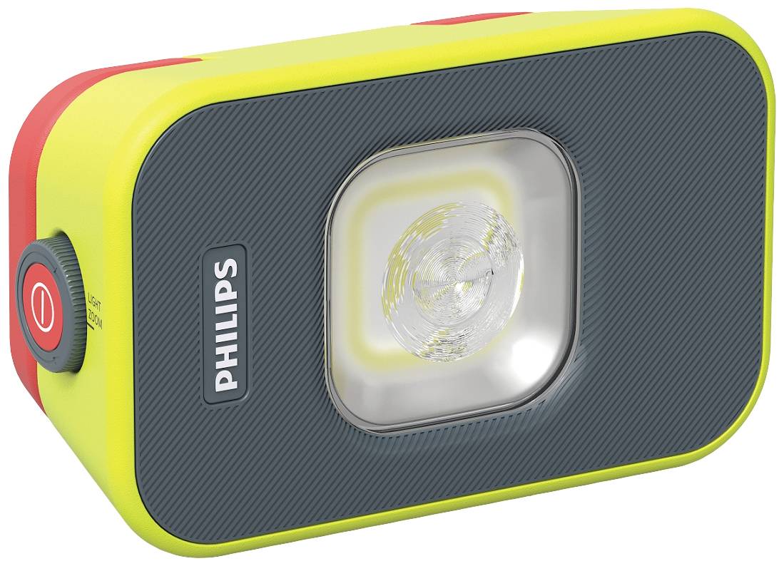 Lampe de poche LED portable de couleur jaune avec bouton marche/arrêt rouge et poignée bleue, portant l'inscription 'Philips'.